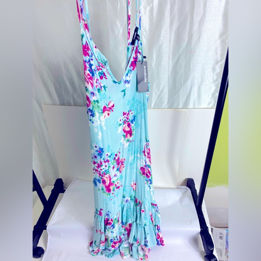 Annabelle Turquoise Floral Print MIDI Dress M Flowey Ruffle bottom NWT